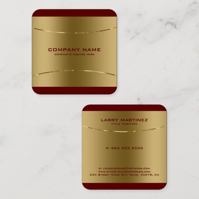 Modern Metallic Gold Stainless Steel Red Border Square Business Card (Front/Back)