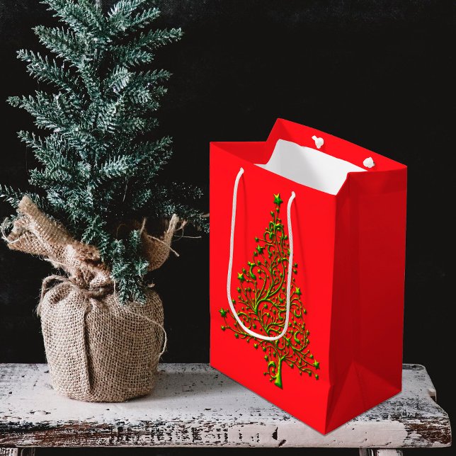Modern Metallic Green Christmas Tree Red Holiday Medium Gift Bag (Modern Metallic Green Christmas Tree Red Holiday Gift Bag)