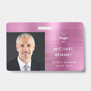 Modern Metallic Pink Company Photo ID  Badge