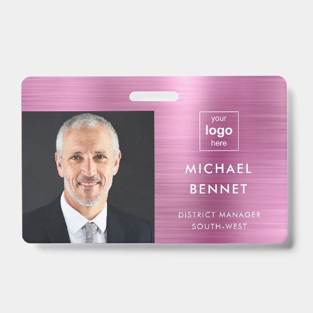Modern Metallic Pink Company Photo ID  Badge (Front)