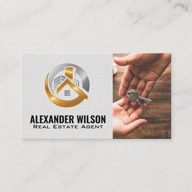 Modern Metallic Real Estate Logo Business Card (Front)