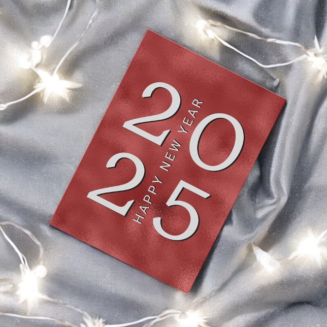 Modern Metallic Red and Silver Happy Year Holiday Card (Creator Uploaded)