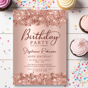 Modern Metallic Rose Gold Glitter 60th Birthday Invitation
