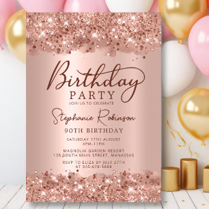 Modern Metallic Rose Gold Glitter 90th Birthday Invitation