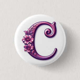 Modern Metallic Rosemaling Letter C, Pink/Purple 3 Cm Round Badge