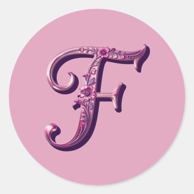 Modern Metallic Rosemaling Letter F, Pink/Purple Classic Round Sticker (Front)