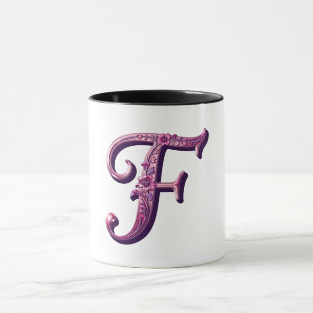 Modern Metallic Rosemaling Letter F, Pink/Purple Mug (Center)