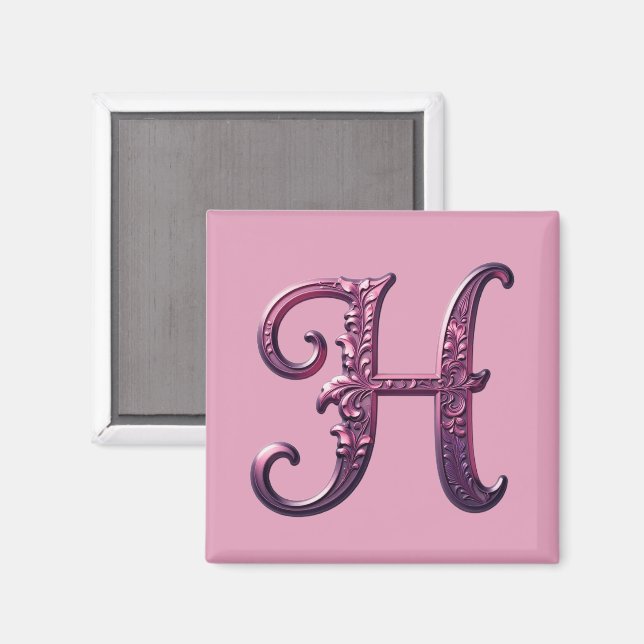 Modern Metallic Rosemaling Letter H, Pink/Purple Magnet (Front/Back)