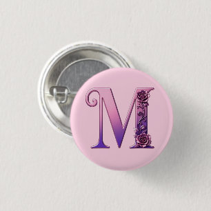 Modern Metallic Rosemaling Letter M, Pink/Purple 3 Cm Round Badge