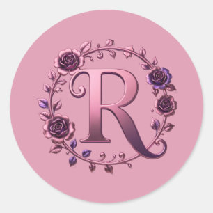 Modern Metallic Rosemaling Letter R, Pink/Purple Classic Round Sticker