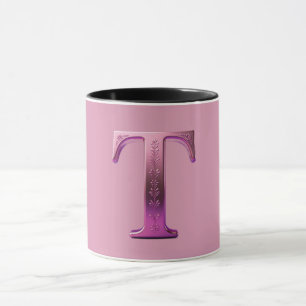 Modern Metallic Rosemaling Letter T, Pink/Purple Mug