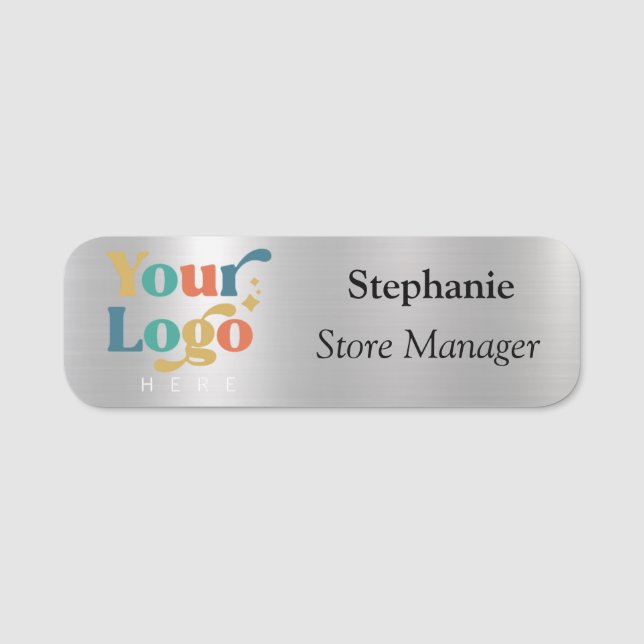 Modern Metallic Silver Brushed Magnetic Company  Name Tag (Front)