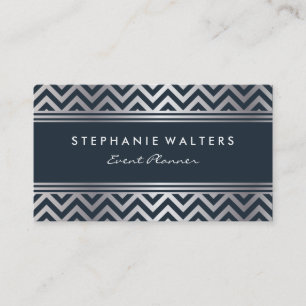 Modern Metallic Silver Chevron and Deep Blue Business Card