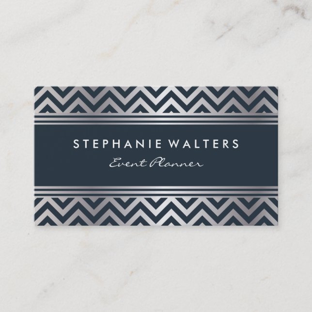 Modern Metallic Silver Chevron and Deep Blue Business Card (Front)
