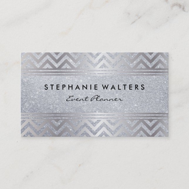 Modern Metallic Silver Chevron and Glitter Business Card (Front)