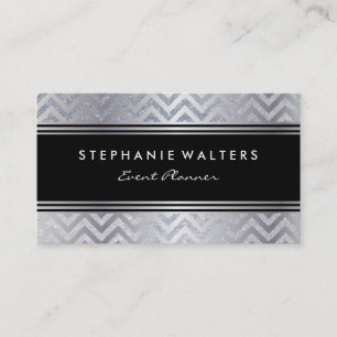 Modern Metallic Silver Chevron and Glitter Business Card