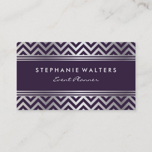 Modern Metallic Silver Chevron and Purple Business Card (Front)