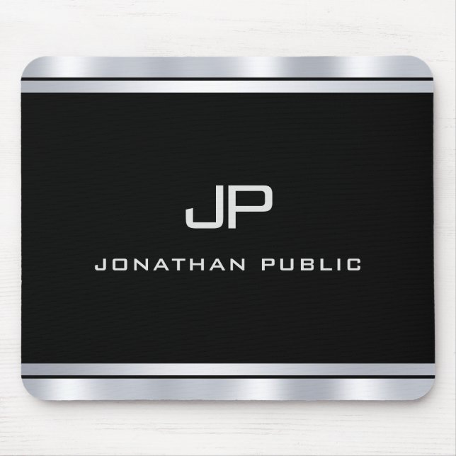 Modern Metallic Silver Look Monogram Template Mouse Mat (Front)