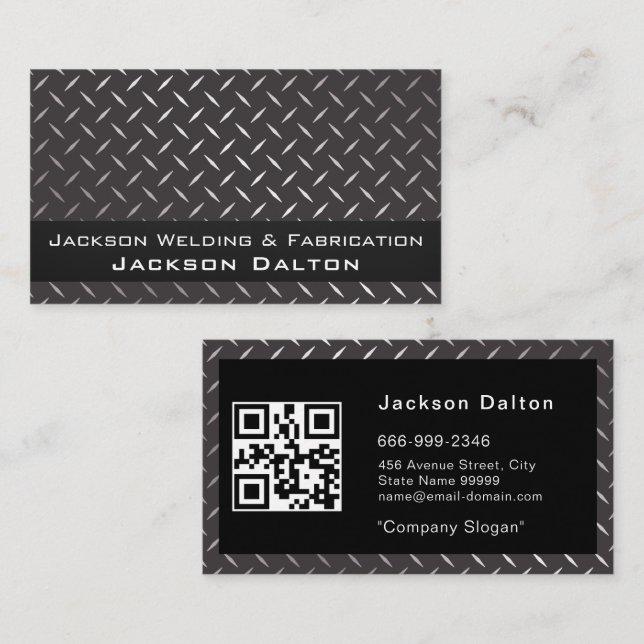 Modern Metallic Welding Fabricator Contractor QR  Business Card (Front/Back)