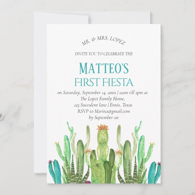 Modern Mexican Cactus Boy First Fiesta Birthday   Invitation (Front)