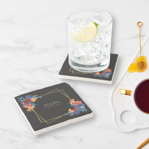 Modern Mexican Fiesta Flower Black Wedding Stone Coaster