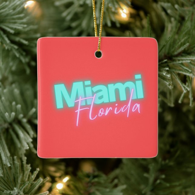 Modern Miami Neon Lights Personalised Ceramic Ornament (Tree)