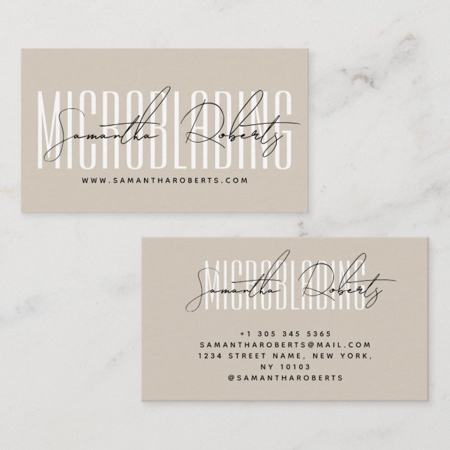 Modern microblading typography script beige business card (Front/Back)