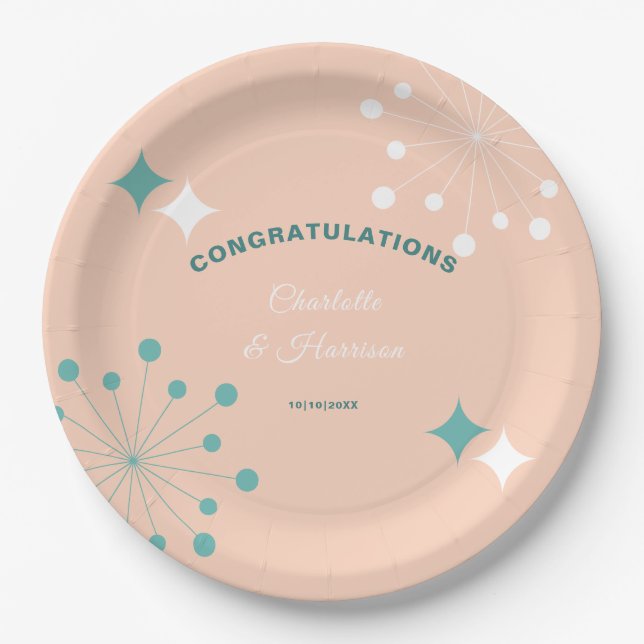 Modern Mid Century Atomic Starburst Wedding Round  Paper Plate (Front)
