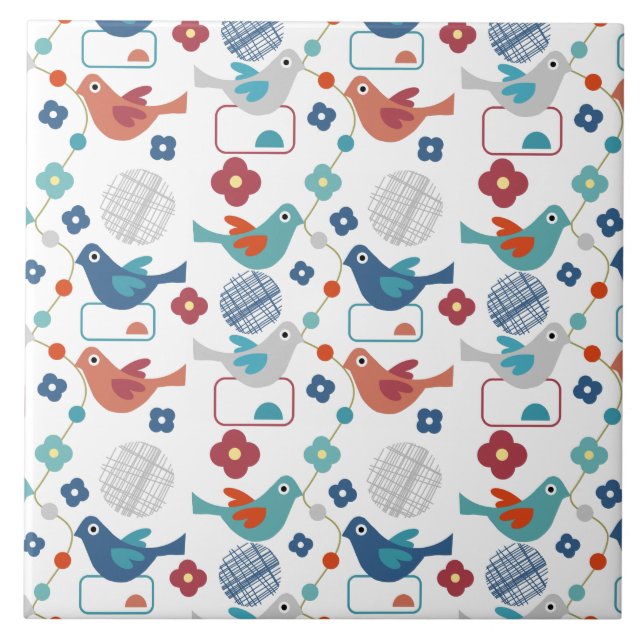 Modern Mid Century Birds Flowers Cute Pattern Tile (Front)