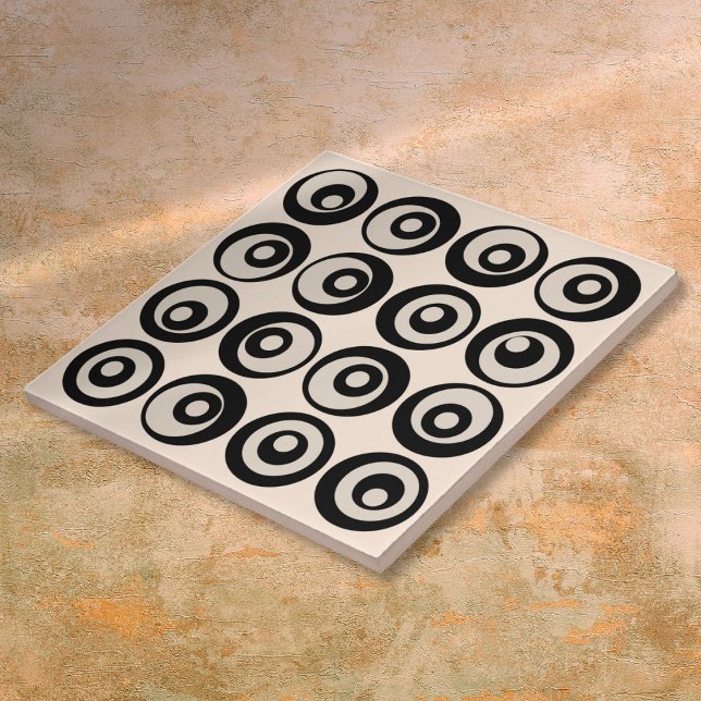 Modern Mid Century Black And Cream Circles Pattern Tile (Modern Mid Century Black And Cream Circles Pattern Ceramic Tile)