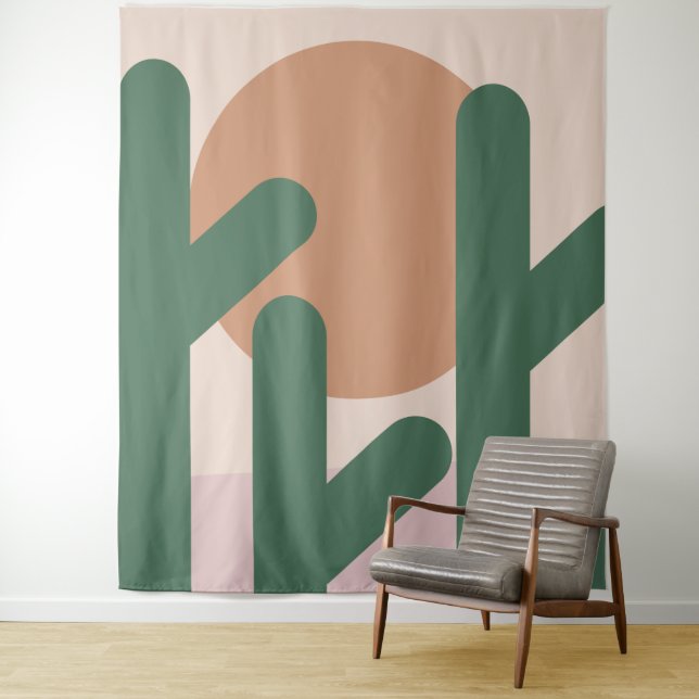 Modern Mid Century Cactus Art Earthy Pattern  Tapestry (In Situ)