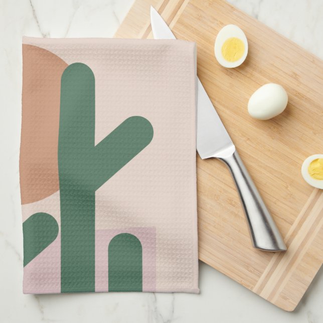 Modern Mid Century Cactus Art Earthy Pattern  Tea Towel (Quarter Fold)