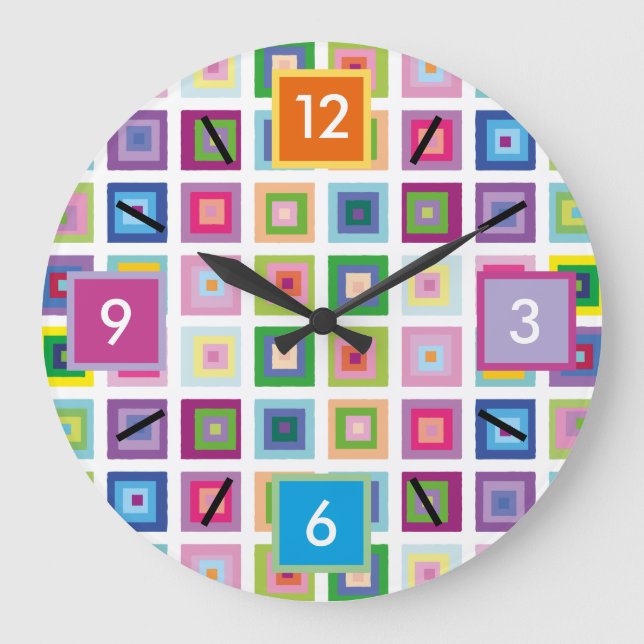 Modern Mid Century Colourful Squares Pattern Large Clock (Front)