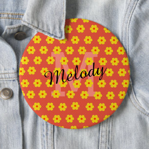 modern mid century cute retro floral initial 6 cm round badge