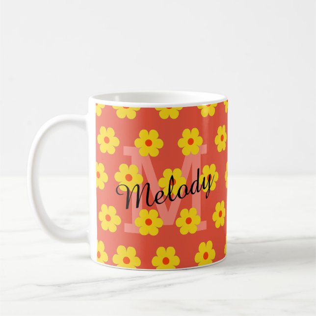 modern mid century cute retro floral initial coffee mug (Left)