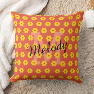 modern mid century cute retro floral initial cushion