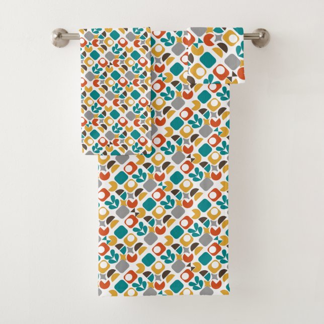 Modern Mid Century Geometric Colourful Retro  Bath Towel Set (Insitu)