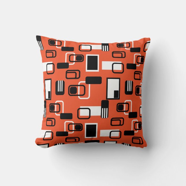 Modern Mid Century Geometric Orange Black Retro Cushion (Front)