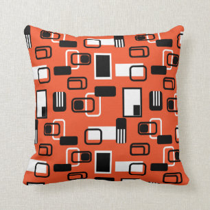 Modern Mid Century Geometric Orange Black Retro Cushion