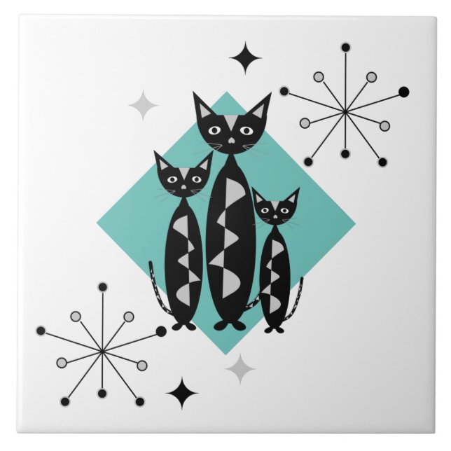 Modern Mid Century Retro Cats Cute Pattern Ceramic Tile (Front)