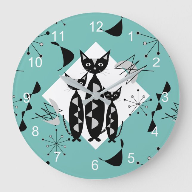 Modern Mid Century Retro Cats Cute Pattern Square  Large Clock (Front)