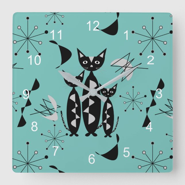 Modern Mid Century Retro Cats Cute Pattern Square Wall Clock (Front)