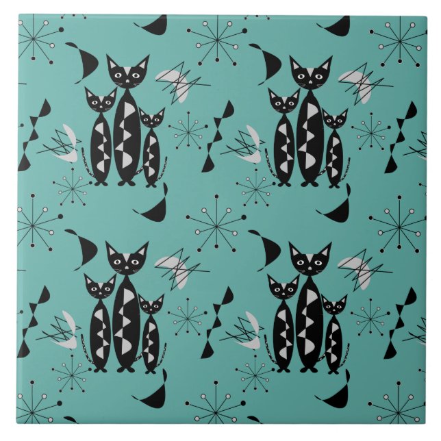 Modern Mid Century Retro Cats Cute Pattern Tile (Front)