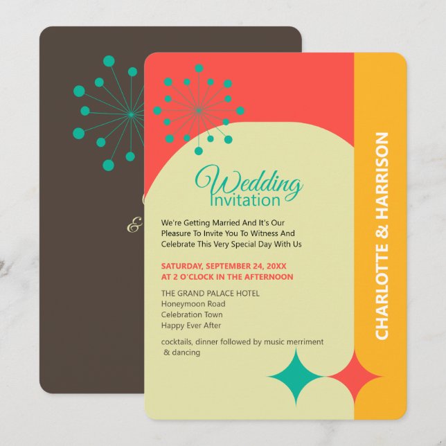 Modern Mid Century Retro Wedding Invitation (Front/Back)