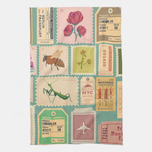 Modern mid century stamps and cenima tickets Blue Tea Towel