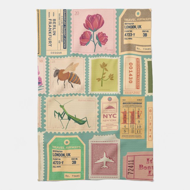 Modern mid century stamps and cenima tickets Blue Tea Towel (Vertical)