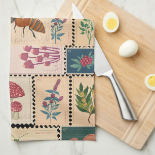 Modern mid century stamps animals and botanical tea towel