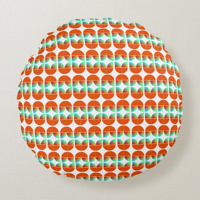 Modern Mid Century Style Fresh Orange Teal Print Round Cushion (Front)