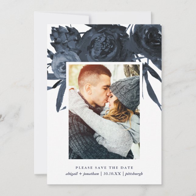 Modern Midnight Blue Floral Photo Save the Date (Front)