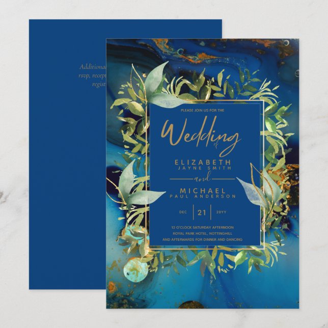 Modern Midnight Blue Gold Greenery Wedding Invites (Front/Back)